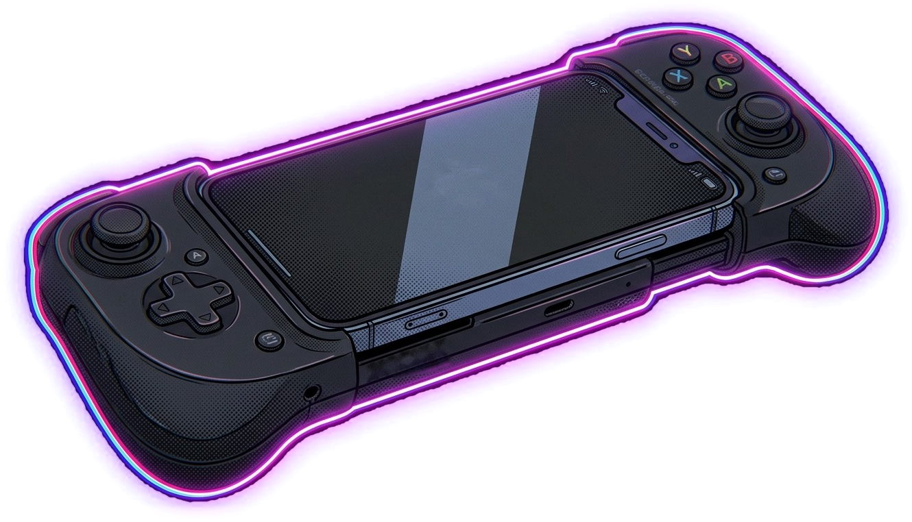 Comic-style illustration of an iPhone docked in a game controller, its screen showing Nagori